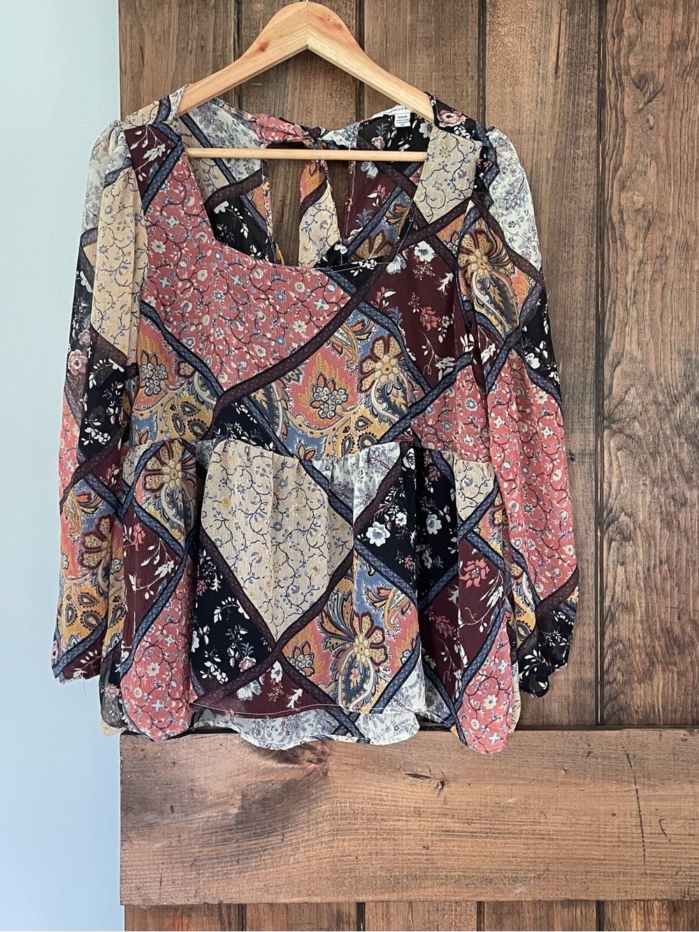 American Eagle Boho Patchwork Babydoll Tie Back Peasant Top Flowy Medium
